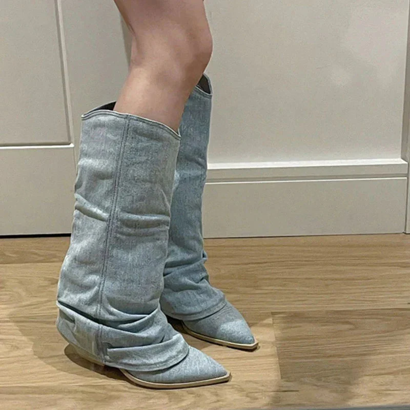 Slouchy Denim Knee-High Boots for Women – Chic & Comfortable Style - Image 2