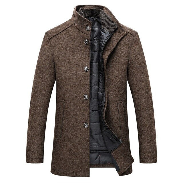 Stand Collar Wool Button Front Coat for Men – Stylish & Warm Design