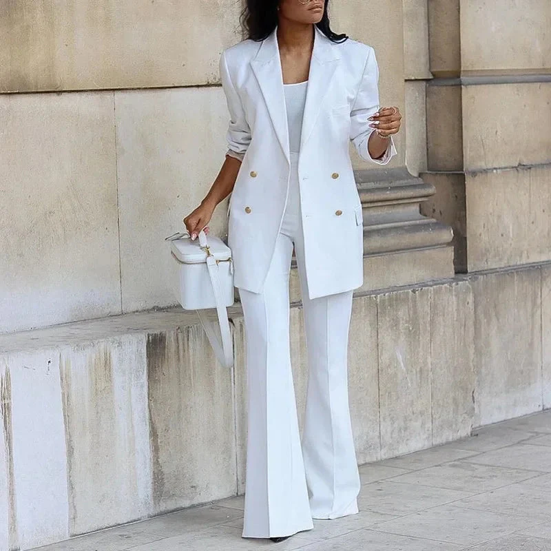 Tailored Double-Breasted Long Blazer and Flared Trousers Set for Women – Elegant Formal Style