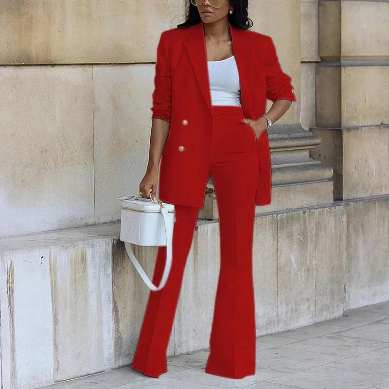 Tailored Double-Breasted Long Blazer and Flared Trousers Set for Women – Elegant Formal Style - Image 2