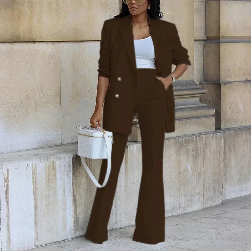 Tailored Double-Breasted Long Blazer and Flared Trousers Set for Women – Elegant Formal Style - Image 3