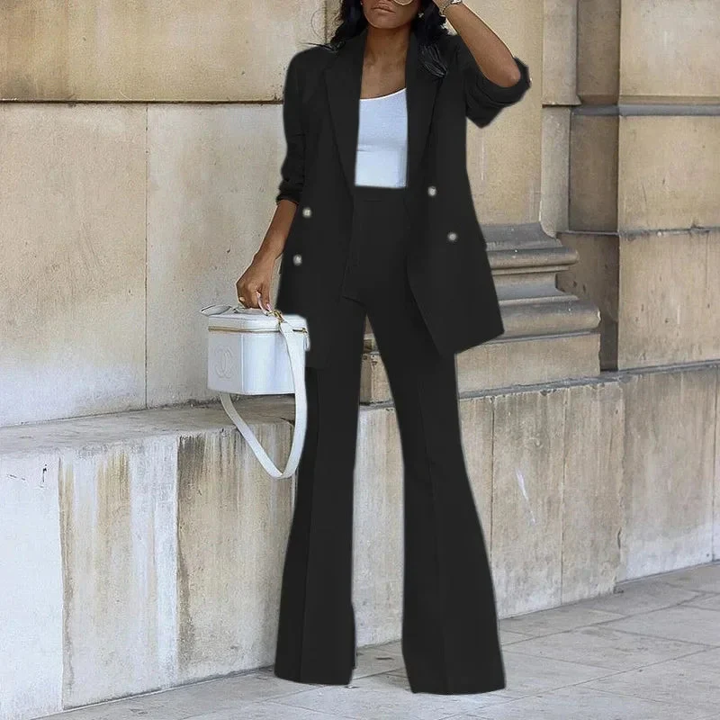 Tailored Double-Breasted Long Blazer and Flared Trousers Set for Women – Elegant Formal Style - Image 4