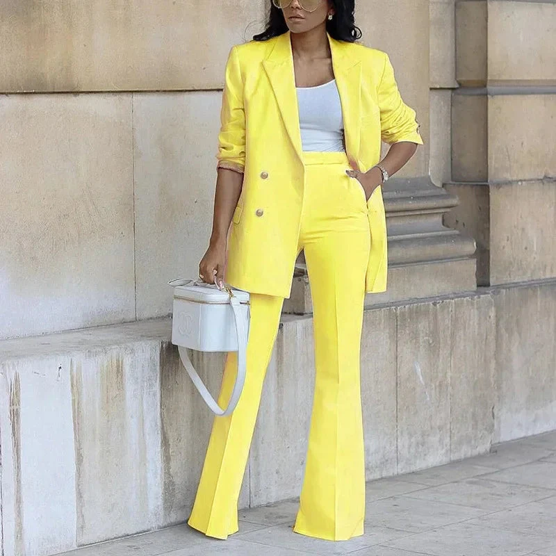 Tailored Double-Breasted Long Blazer and Flared Trousers Set for Women – Elegant Formal Style - Image 5