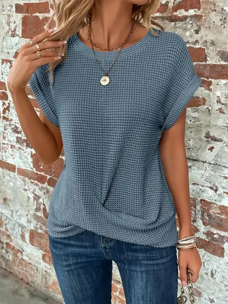 Twist-Hem Waffle Tee for Women – Effortless Style & Comfort