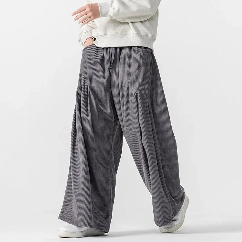 Wide Leg Ribbed Drawstring Waist Pants for Men – Casual Comfort & Style - Image 3