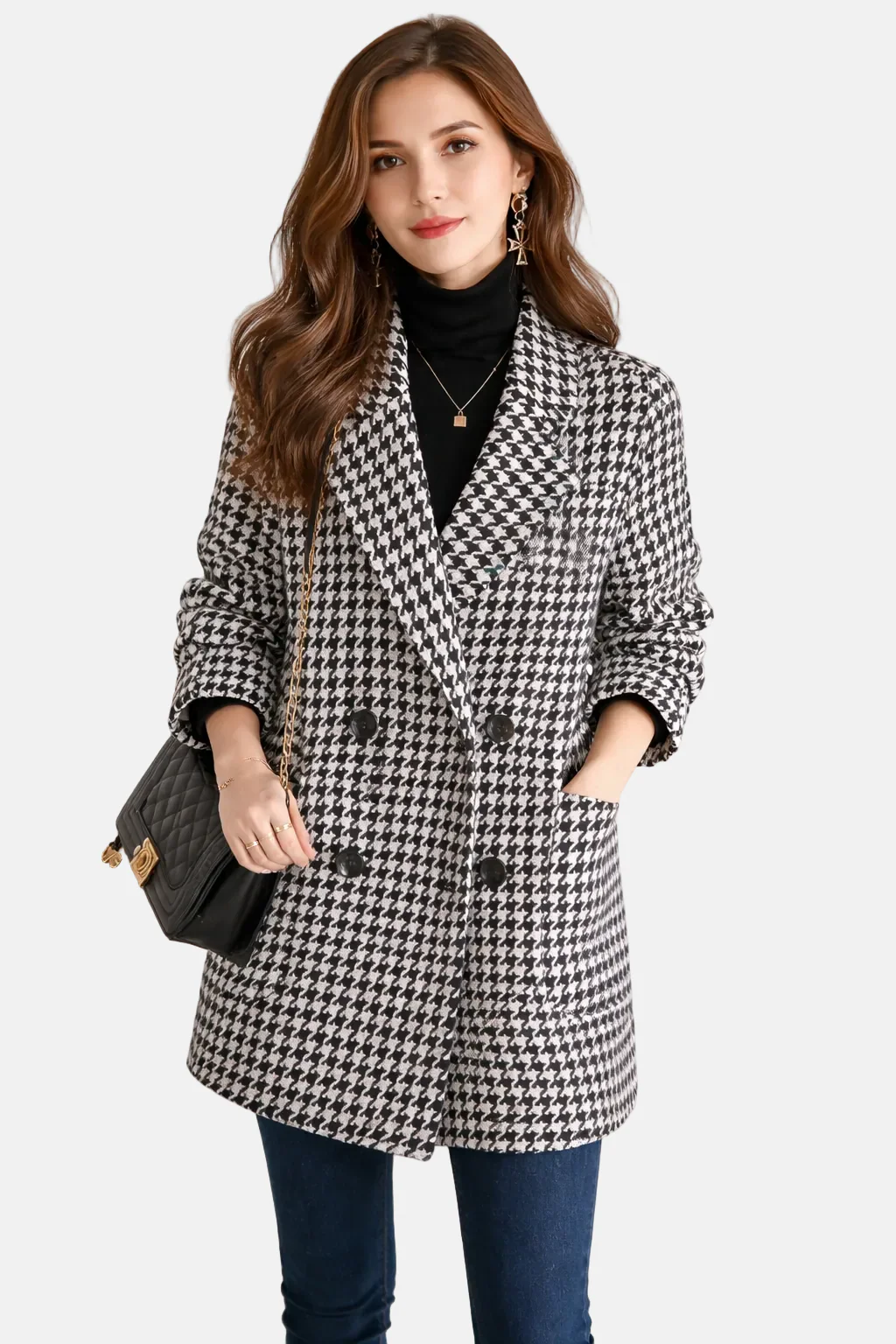 Women's Double-Breasted Check Coat – Relaxed Fit – Notched Lapel – Mid-Length
