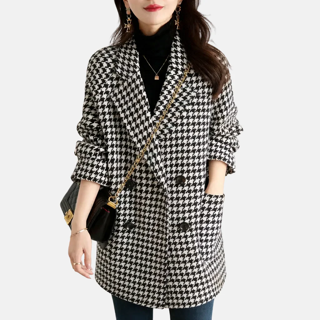 Women's Double-Breasted Check Coat – Relaxed Fit – Notched Lapel – Mid-Length - Image 3