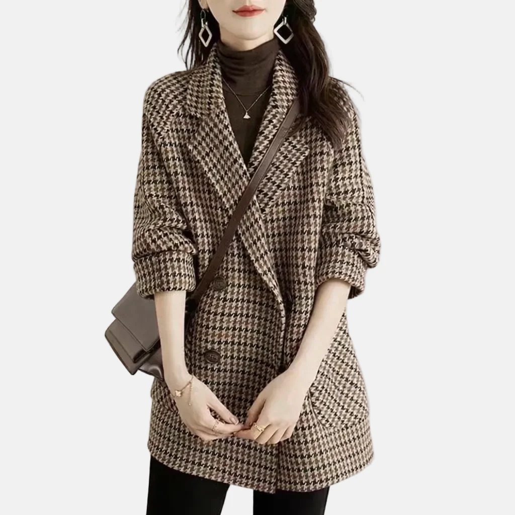 Women's Double-Breasted Check Coat – Relaxed Fit – Notched Lapel – Mid-Length - Image 4